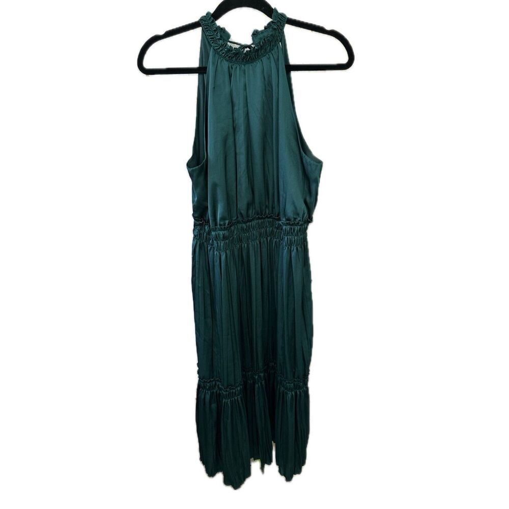 Nicole Miller Women's Silky Satin Tiered Mock Neck Halter Self Tie Midi Dress L